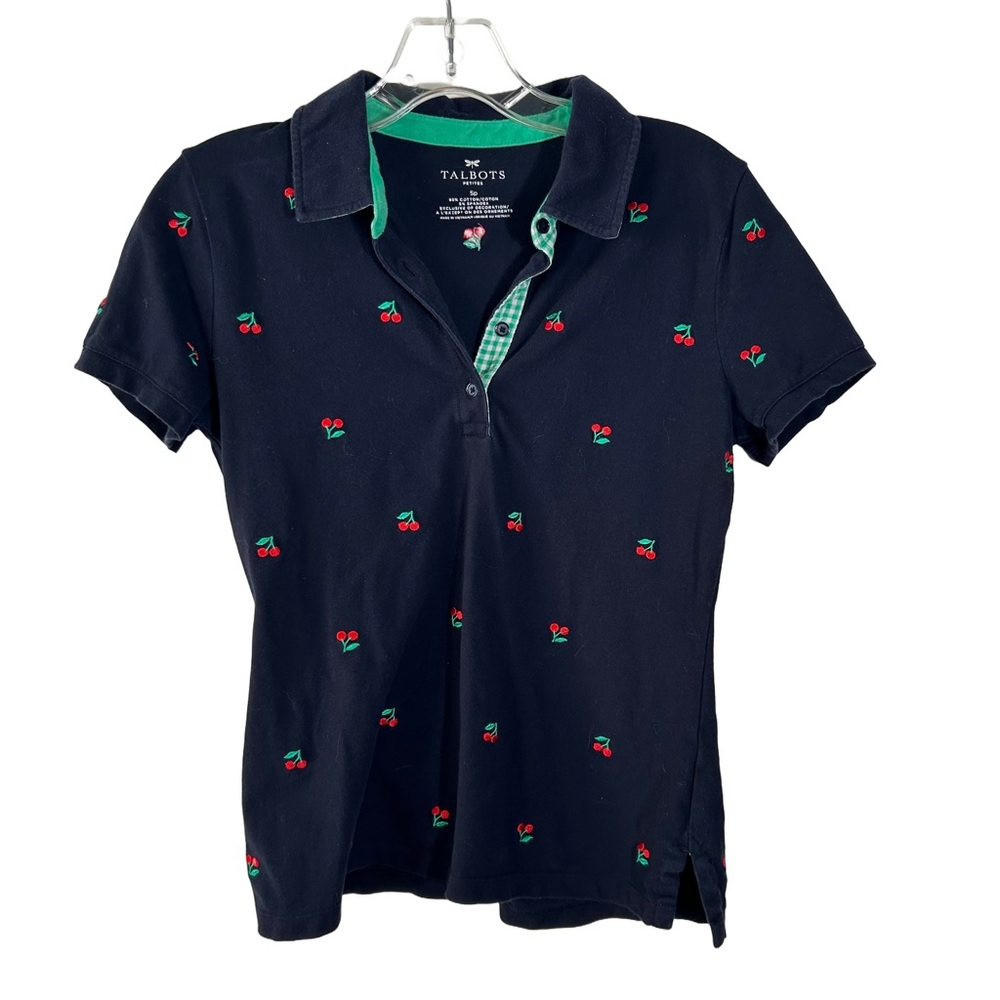 Talbots Women's Navy and Green Polo Shirt with‎ Cherry Design in Size SP